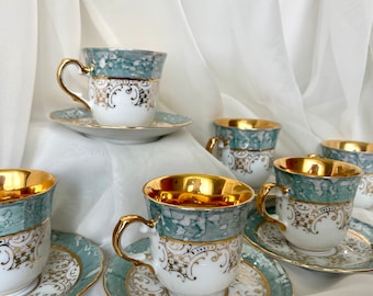 Set da caffè in porcellana vintage: verde, bianco e oro, Cecoslovacchia
