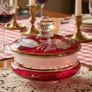 Könnte beinhalten: Ein Esstisch für eine Mahlzeit, mit einer rot-weiß karierten Tischdecke, brennenden Kerzen, Weingläsern und einer dekorativen Schale. Ein Topf mit Essen steht im Hintergrund auf einem Herd. Eine Schüssel mit Erdbeeren ist ebenfalls vorhanden.