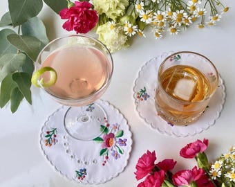 Vintage Hand Embroidered Cocktail Napkins, Set of 2