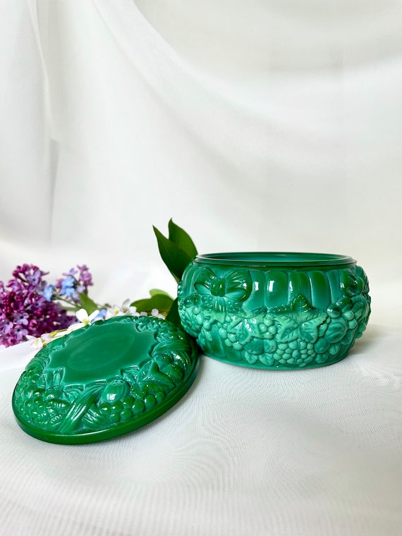 Malachite Glass Jewelry Box Bohemia Green Glass J… - image 7