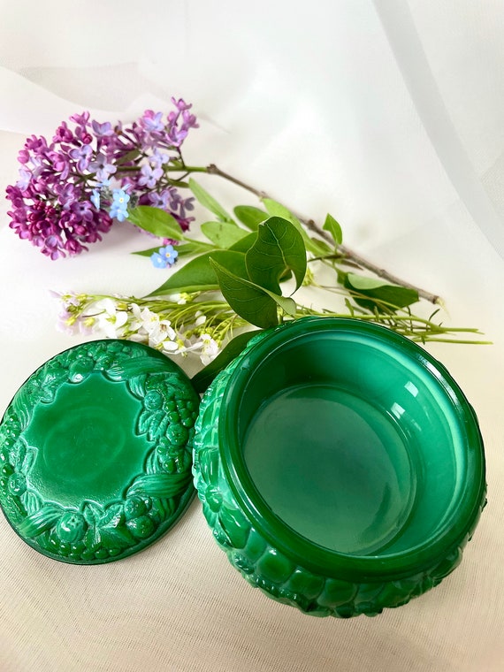 Malachite Glass Jewelry Box Bohemia Green Glass J… - image 5