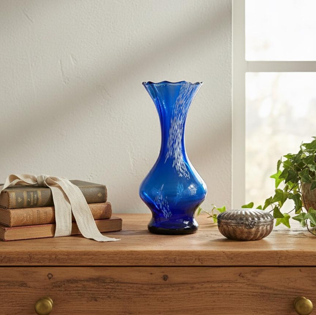 Tschechische Blaue Vase Mit Weißem Splatter Muster