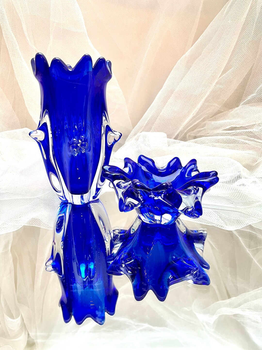 Vintage Glass Vase and Bowl Set Blue Art Glass Set by Lednicke Rovne