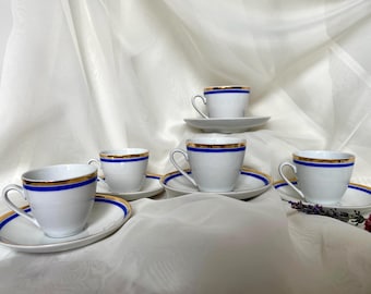 Bohemia Porcelain Coffee Cup Set: Blue & Gold Trim, Czechoslovakia 