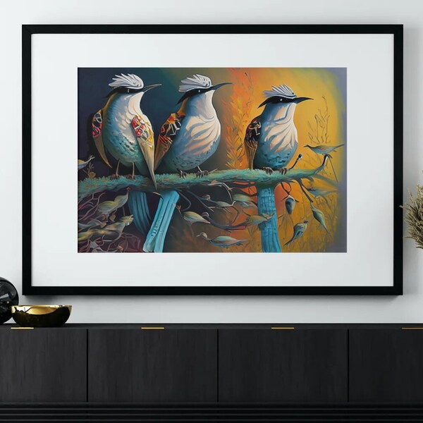 Whimsical Trio - Oil Painting of Three Birds on a Branch