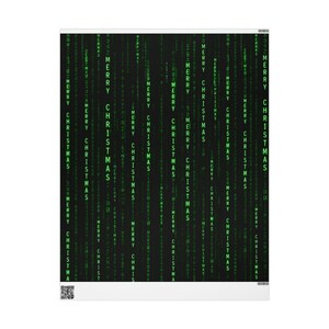 May include: A rectangular sheet of wrapping paper featuring a black background with vertical columns of bright green digital text. The repeating text reads Merry Christmas in a style reminiscent of computer code, with a small QR code at the bottom.