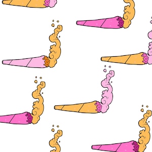 Puede incluir: Un patrón sin costuras que presenta porros de dibujos animados de color rosa y naranja con rastros de humo de color rosa y naranja. El fondo es blanco.