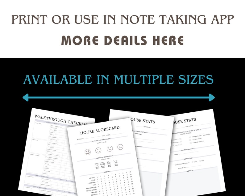 May include: A collection of white paper documents with black text, including a "Walkthrough Checklist," "House Scorecard," and "House Stats." The text "PRINT OR USE IN NOTE TAKING APP" and "AVAILABLE IN MULTIPLE SIZES" are also visible.