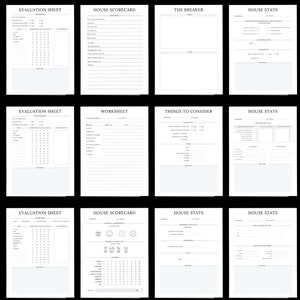 May include: A collection of twelve white and light blue printable sheets with various titles, including "Evaluation Sheet," "House Scorecard," and "House Stats." Each sheet features lines for notes and checklists.