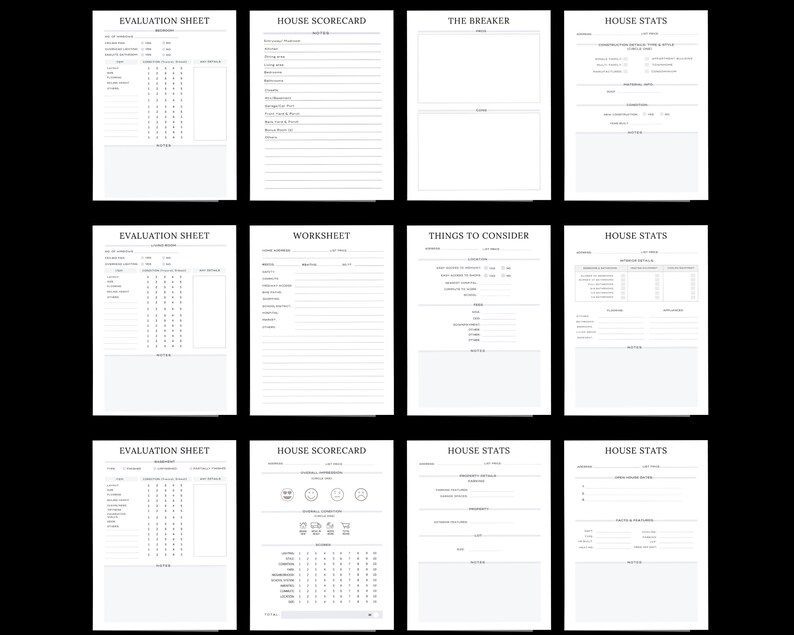 May include: A collection of twelve white and light blue printable sheets with various titles, including "Evaluation Sheet," "House Scorecard," and "House Stats." Each sheet features lines for notes and checklists.