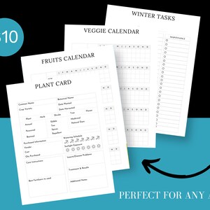 May include: A stack of white paper sheets with gardening-themed templates. The sheets include a plant card, fruits calendar, veggie calendar, and winter tasks list. The text "Perfect for any age!!" is also visible.