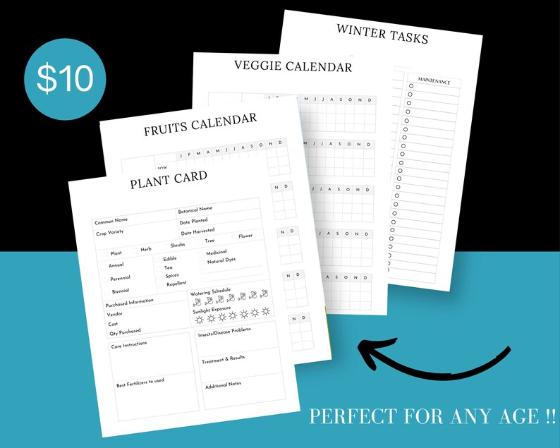 May include: A stack of white paper sheets with gardening-themed templates. The sheets include a plant card, fruits calendar, veggie calendar, and winter tasks list. The text "Perfect for any age!!" is also visible.