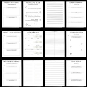May include: A collection of white journal pages with various layouts for daily planning and reflection. Each page features headings like "Wednesday Warrior," "Journaling Habit," and "Sunday Intention," with prompts and spaces for writing. The pages are arranged on a black background.