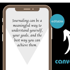 May include: A smartphone displays text about journaling as a way to understand yourself and achieve goals. The word "editable" is in a blue circle, with a white arrow pointing towards the phone. The Canva logo is at the bottom.