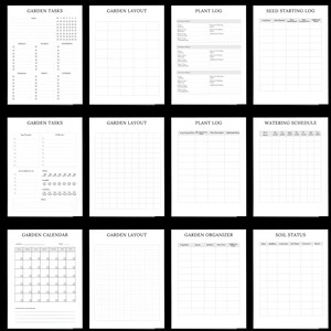 May include: A collection of black and white printable garden planner pages. The pages include sections for garden tasks, layout, plant logs, seed starting, watering schedules, calendars, and soil status. The text on the pages is clear and easy to read.