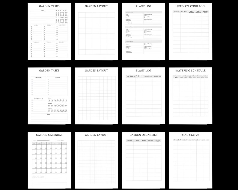 May include: A collection of black and white printable garden planner pages. The pages include sections for garden tasks, layout, plant logs, seed starting, watering schedules, calendars, and soil status. The text on the pages is clear and easy to read.