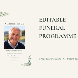 Modèle de programme funéraire modifiable, 4 pages A4, format Canva, pour la cérémonie, Sage Eucalyptus Memorial
