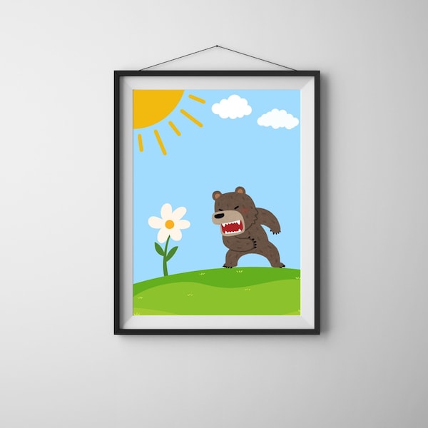 Cute Bear Poster - Sunny Bear Art - Flower Background - Printable Wall Art