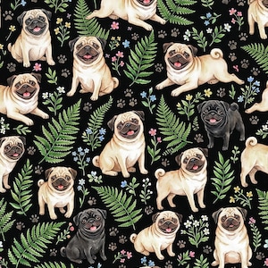 May include: A repeating pattern featuring various watercolor illustrations of pugs in different poses. The pugs are tan and black, set against a black background with ferns, paw prints, and small flowers.