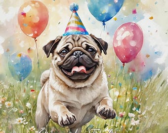 May include: A watercolor illustration of a happy pug wearing a party hat, surrounded by colorful balloons and confetti. The words "Happy Birthday" are written at the top. The pug is in a field of wildflowers.