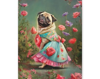 Muurkunst mopshond in roze jurk op gespannen canvas
