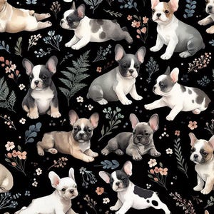 Französische Bulldoggen auf floral Hintergrund Baumwollstoff Stücke
