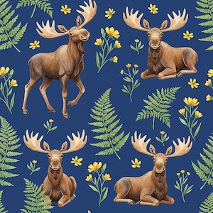 May include: A repeating pattern with brown moose, yellow flowers, and green ferns set against a dark blue backdrop. The moose are shown in different positions, with some standing and others resting. The design has a watercolour aesthetic.