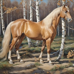 Wenskaart Palomino-paard in berkenbomen