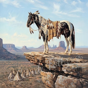 Op de afbeelding: Schilderij van een paard op een rotsformatie met uitzicht op een woestijnlandschap. Het paard is zwart en wit met versieringen ge&iuml;nspireerd op de Native American cultuur. De achtergrond is een blauwe lucht.