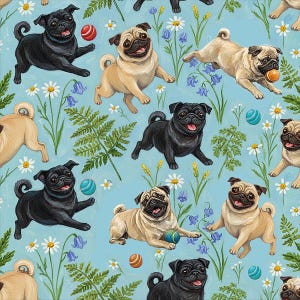 Mops spielen auf blauem Hintergrund oder Meterware (Combed Cotton Prima)