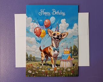 May include: A birthday greeting card featuring a cartoon Chihuahua wearing a party hat and bow tie, standing in a field of flowers. The card has the words "Happy Birthday" and includes balloons and a birthday cake.
