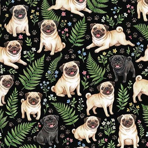 May include: A repeating pattern featuring various pugs in different poses, interspersed with green fern fronds, paw prints, and small flowers in shades of blue, pink, and yellow. The pugs are in shades of tan and black, set against a black background.