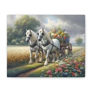 Shire Pferde Blumen Wagen Leinwand Wandkunst