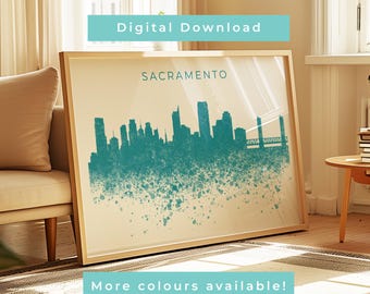 Sacramento Skyline Wall Art Print Digital Download | Sacramento California Poster | Modern City Decor | Paint Splatter Skyline Art