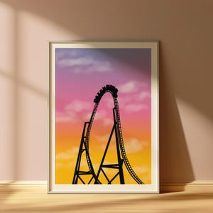 Póster de montaña rusa al atardecer en formato PNG para descarga digital / Arte de parques temáticos de Orlando / Regalo para fans de montañas rusas / Sombrero de copa con diseño de pista de montaña rusa