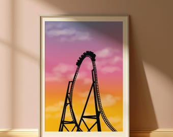 Sunset rollercoaster poster png digital download | Orlando theme park art | Coaster fan gift | Coaster track tophat
