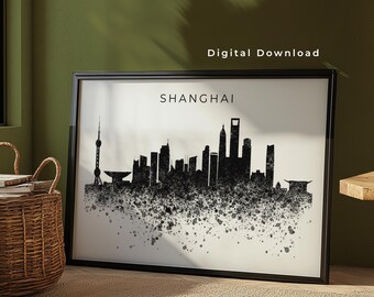 Shanghai Skyline Wall Art Print Digital Download | Shanghai China Poster | Asia Paint Splatter Skyline Art