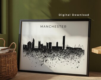Manchester Skyline Wall Art Print Digital Download | Manchester England Poster | UK Paint Splatter Skyline Art