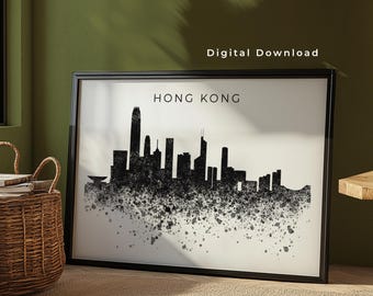 Hong Kong Skyline Wall Art Print Digital Download | China Poster | Asia Paint Splatter Skyline Art