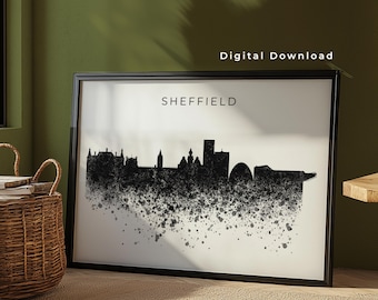 Sheffield Skyline Wall Art Print Digital Download | Sheffield England Poster | UK Paint Splatter Skyline Art