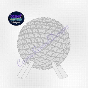May include: A gray geometric sphere design, supported by two angled gray supports. The sphere is covered in a pattern of triangles and other geometric shapes. The design includes the text "Cosmic Rewind designs" in a circular logo.