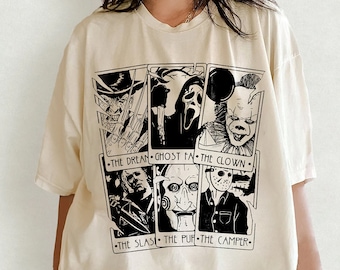 Retro Horror Night Comfort Colors Shirt, Halloween Shirt, Vintage 90s Halloween Movies Characters Tarot Card T-shirt, Halloween Sweatshirt