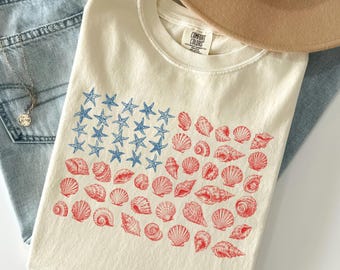 USA Coastal Shell Shirt, Patriotic Beach Lover Tee, Seashell American Flag Tee, Anniversary 4th of July Tee, 250 Years Shirt, USA 1776 Shirt