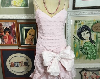 1980s Pink Ruffled Spaghetti Strap Prom Dress - small