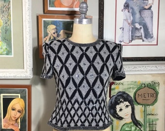 Papell Boutique 1980’s Women’s Silk & Rhinestone Evening Blouse