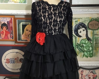 1980s Black Lace & Chiffon Evening Dress