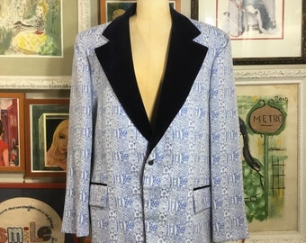 Newman Bros 1970’s Men’s Blue Print Velvet Trim TuxJacket/ Sports Coat