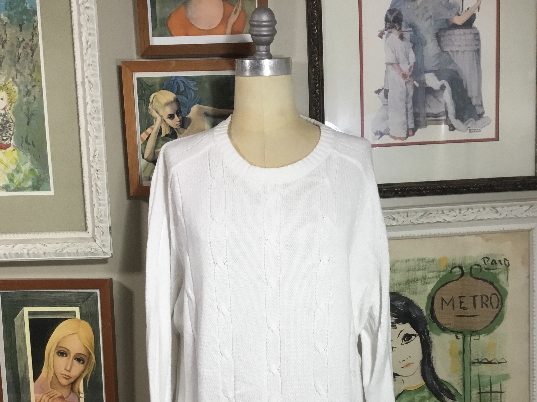 Jordache 1980’s White Cotton Cable Knit Pullover Sweater
