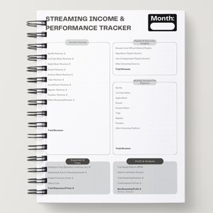 May include: A spiral-bound planner with a white cover, designed for tracking streaming income and performance. The planner features sections for income sources, playlist insights, and profit analysis, with a dedicated space to record monthly data.