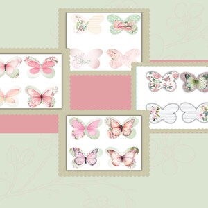May include: A set of 10 printable butterfly cupcake toppers. The toppers feature a variety of floral and butterfly designs in shades of pink, green, and white. The toppers are perfect for adding a touch of whimsy to your next party.